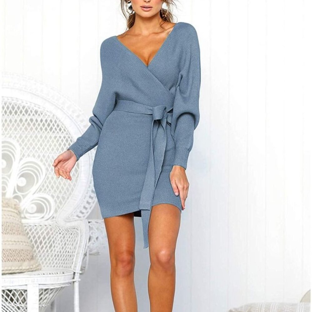 Women's Sexy Cocktail Batwing Long Sleeve Backless Mock Wrap Knit Sweater Dress
